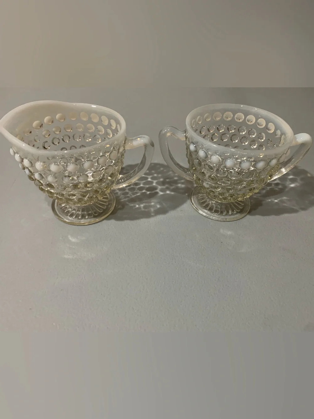 Hobnail Glass Creamer and Sugar Set in White